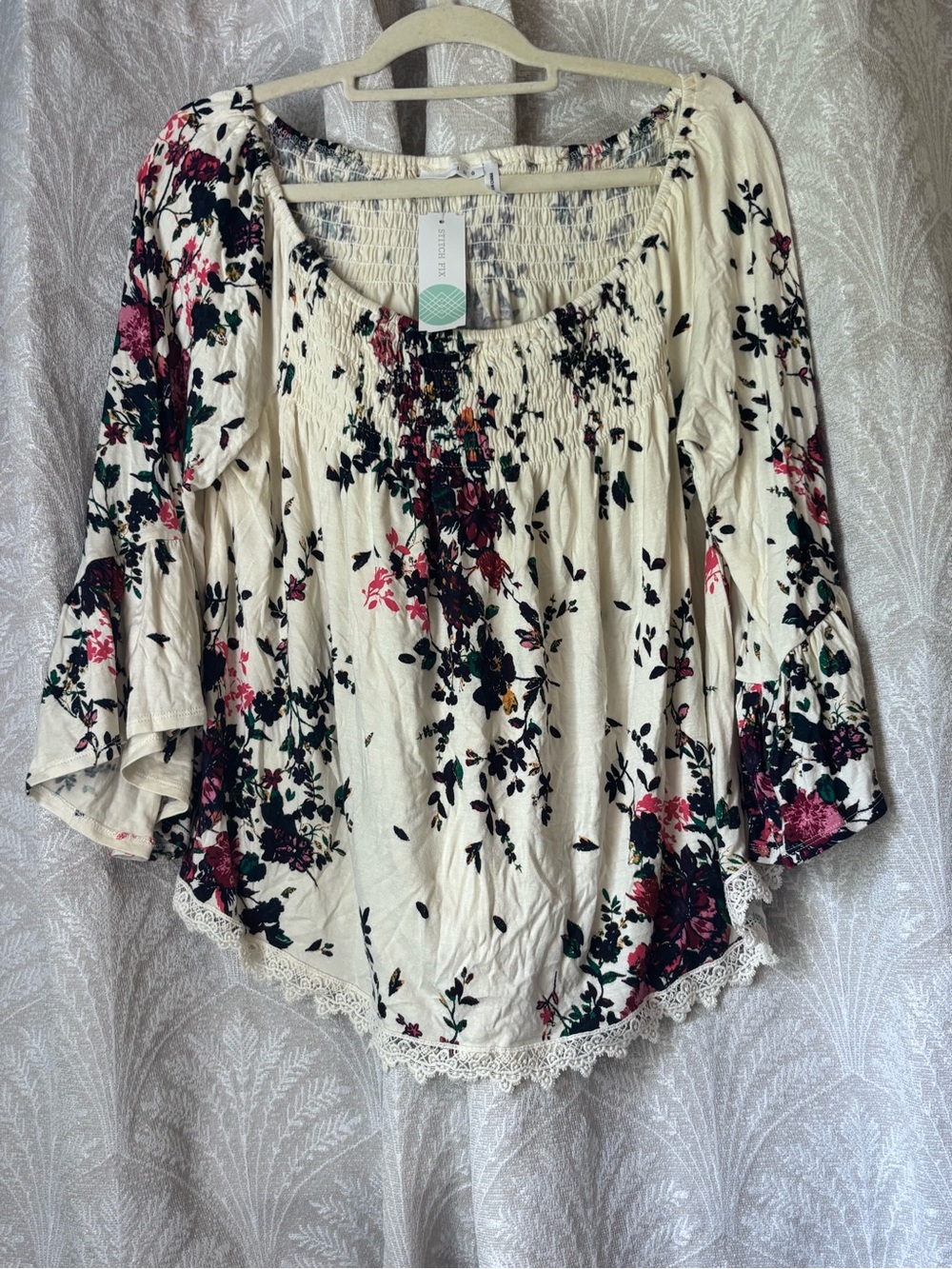 LUQ Floral Smocked Peasant Top - Cream with Pink & Green Floral